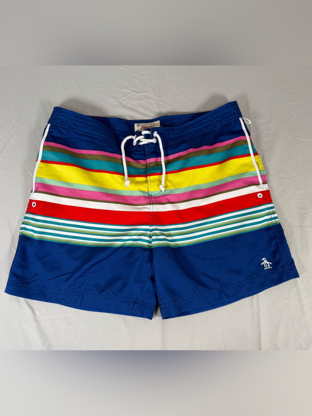 Original Penguin Men’s Blue Multi-Stripe Swim Trunks